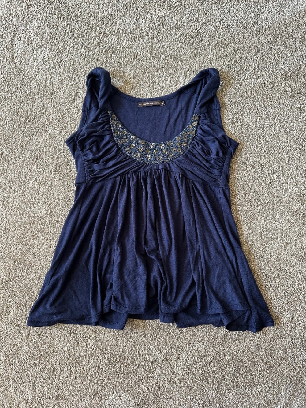 Y2K Hazel Navy Blue Sequin Beaded Babydoll Tank Top Ruched Flowy Womens S